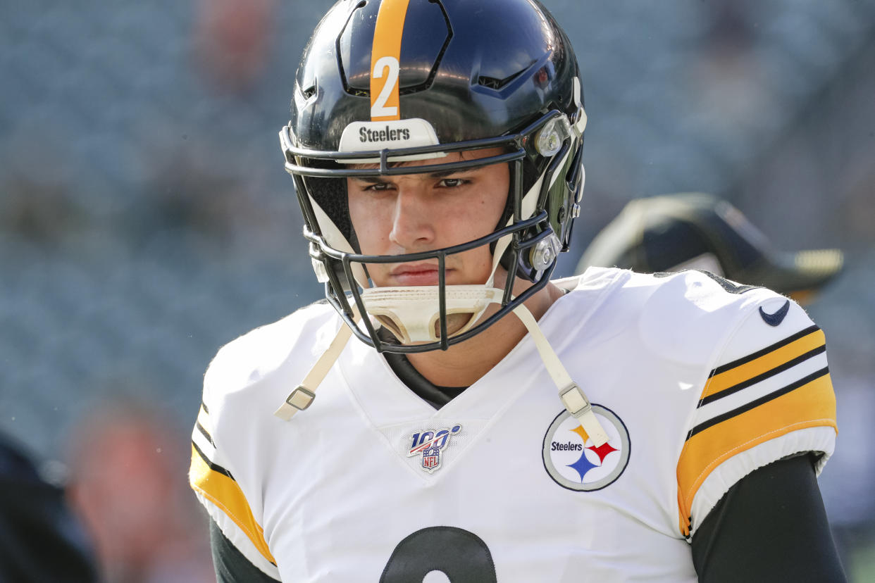 Mason Rudolph took an adamant tone in denying an accusation that he used a racial slur against Myles Garrett. (Michael Hickey/Getty Images)