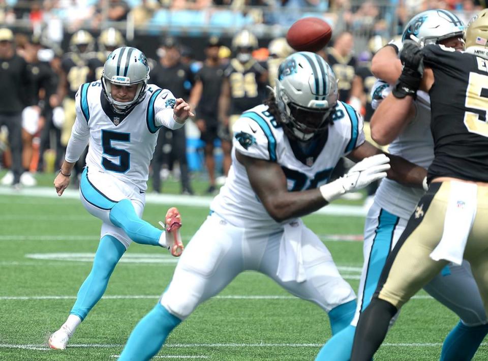 Carolina Panthers kicker Zane Gonzalez kicks a field goal against the New Orleans Saints at Bank of America Stadium on Sunday, September 18, 2021. The Panthers defeated the Saints 26-7.