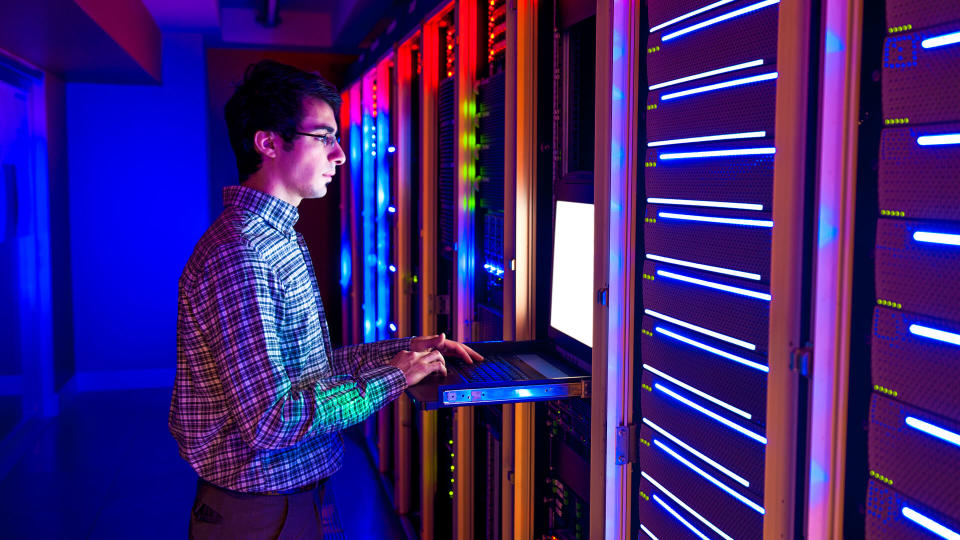 Modern interior of server room in datacenter.