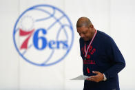 Philadelphia 76ers head coach Doc Rivers walks to speak with members of the media after a practice at the NBA basketball team's facility, Monday, Oct. 18, 2021, in Camden, N.J. (AP Photo/Matt Rourke)