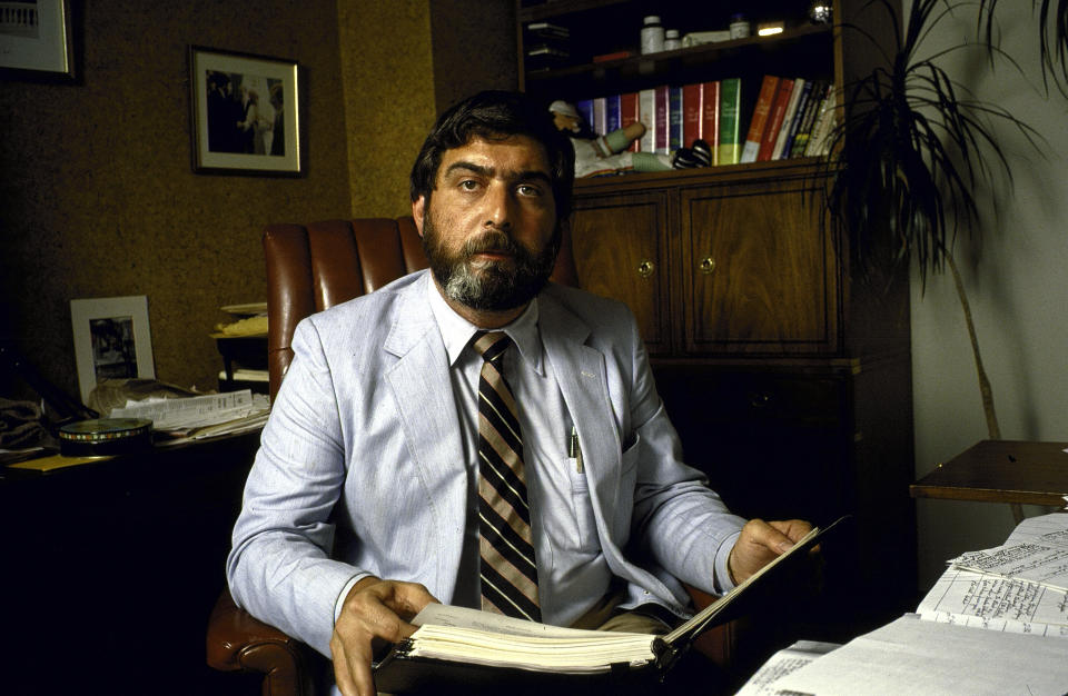 Pollster Pat Caddell in his office speaking re: "debategate" and holding Carter briefing book and materials from his 1980 campaign. (Photo by Diana Walker/The LIFE Images Collection via Getty Images) (Photo: Diana Walker via Getty Images)