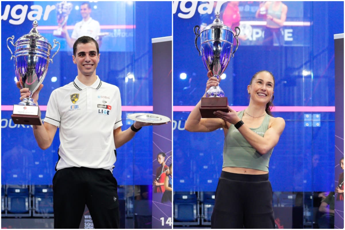 Egypt's Ali Farag (left) and Belgium's Nele Gilis emerge as men's and women's champions respectively at the 2023 Vitagen Singapore Squash Open. (PHOTO: Singapore Squash Open)