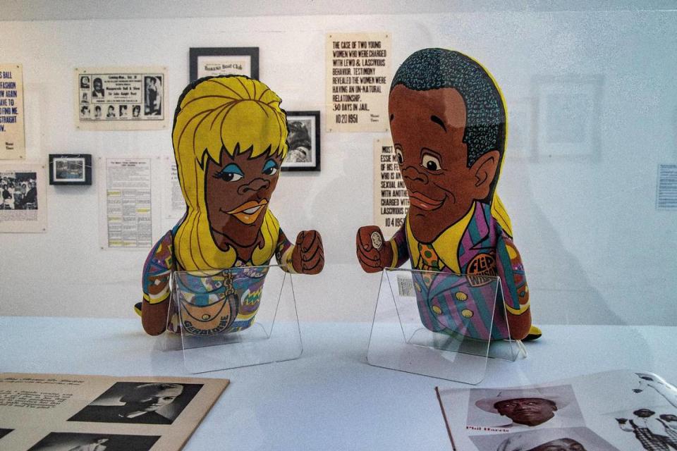 Vintage 1970 “Flip Wilson/Geraldine Pull-String Talking Plush Doll,” part of the exhibit “Give Them Their Flowers:” An Exhibit of Black Lgbtq+ Miami History “ curated by Nadege Green and Marie Vickles, on display at the Gallery at the Little Haiti Cultural Center.