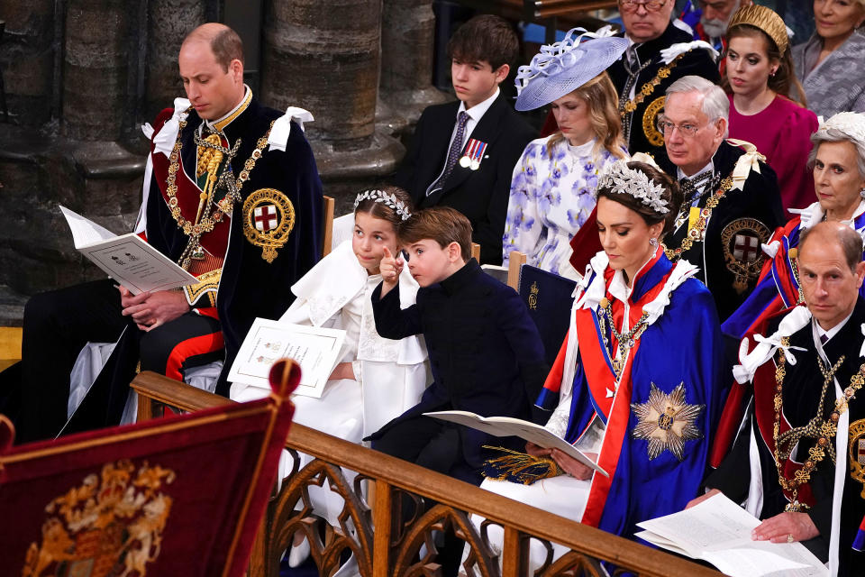 Prince of Wales, Princess Charlotte, Prince Louis, the Princess of Wales and the Duke of Edinburgh at the coronation ceremony of King Charles III.<span class="copyright">Yui Mok—PA Wire/AP</span>