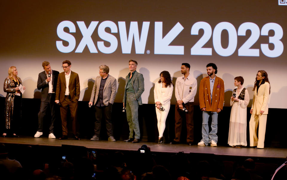 AUSTIN, TEXAS - MARCH 10: (L-R) Claudette Godfrey, Jonathan Goldstein, John Francis Daley, Jeremy Latcham, Chris Pine, Michelle Rodriguez, Regé-Jean Page, Justice Smith and Daisy Head speak onstage during the World Premiere screening of Paramount Pictures and eOne's “Dungeons & Dragons: Honor Among Thieves” at the 2023 SXSW Film Festival on March 10, 2023 in Austin, Texas. (Photo by Sarah Kerver/Getty Images for Paramount Pictures)
