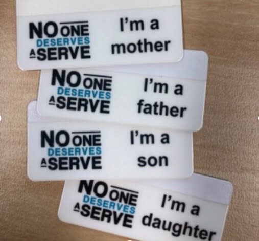 Workers have been wearing these badges to remind customers to treat them with respect. Source: Supplied