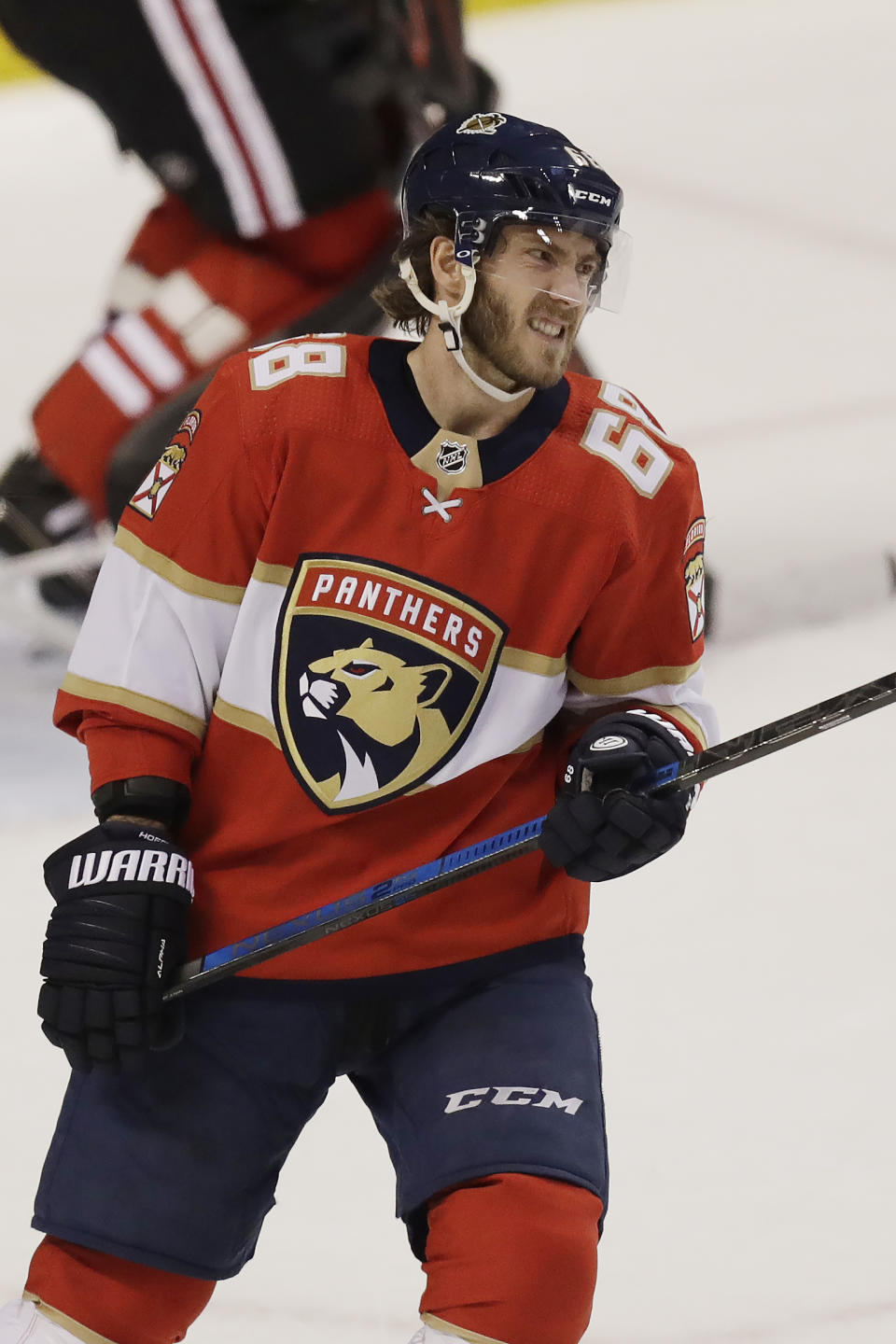 Florida Panthers left wing Mike Hoffman (68) reacts after missing during a shootout of an NHL hockey game against the Chicago Blackhawks, Saturday, Feb. 29, 2020, in Sunrise, Fla. (AP Photo/Brynn Anderson)