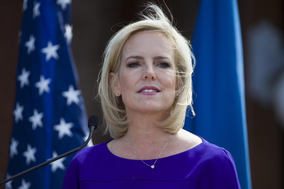 FILE - In this April 10, 2019, file photo outgoing Homeland Security Secretary Kirstjen Nielsen speaks at the dedication ceremony at the Homeland Security headquarters Center Building at the old St. Elizabeths Hospital, in Washington. The head of the Department of Homeland Security ordered border agents to stop asylum-seekers from stepping on U.S. soil at official crossings with Mexico in 2018, undercutting public statements at the time that they were welcome to do so, according to a government watchdog report published Friday, Oct. 30, 2020. (AP Photo/Alex Brandon,File)