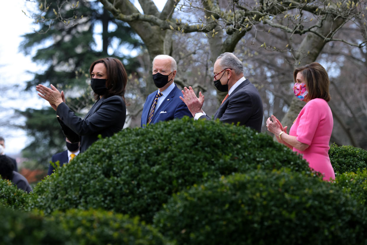 (L-R) U.S. Vice President Kamala Harris, U.S. President Joe Biden U.S. Senate Majority Leader Sen. Chuck Schumer (D-NY) and Speaker of the House Sen. Nancy Pelosi (D-CA)  attend a press conference on the American Rescue Plan in the Rose Garden of the White House on March 12, 2021 in Washington, DC. (Alex Wong/Getty Images)