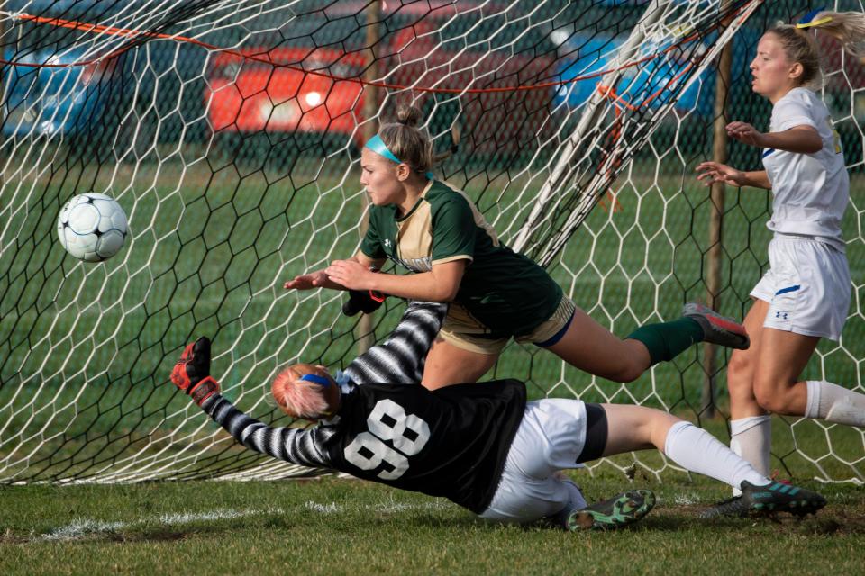 The ball gets past Pennsville's Ashlynn Borden (98) for a Schalick goal during a South Jersey Group 1 championship game Thursday, Nov. 11, 2021 in Pittsgrove, NJ. Schalick won 2-0.