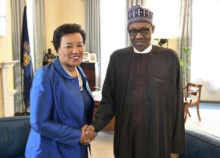 Patricia Scotland (L), secretary-general of the Commonwealth meets Nigerian President Muhammadu Buhari at Marlborough house prior to the start of a conference to tackle corruption in London, Britain May 11, 2016. REUTERS/Leon Neal/Pool