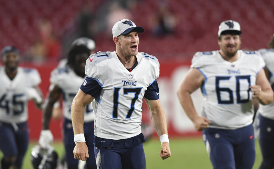 FILE - Tennessee Titans quarterback Ryan Tannehill (17) is shown during the second half of an NFL preseason football game against the Tampa Bay Buccaneers in Tampa, Fla., in this Saturday, Aug. 21, 2021, file photo. The Titans' virus outbreak keeps growing with quarterback Ryan Tannehill among three players being added to the reserve/COVID-19 list Thursday, Aug. 26, 2021. (AP Photo/Jason Behnken, File)