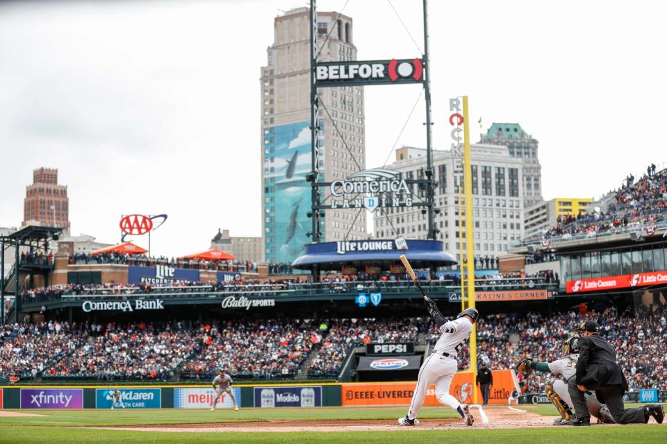 Detroit Tigers first base Spencer Torkelson (20) bats against Oakland Athletics during the first inning of the home opening day at Comerica Park in Detroit on Friday, April 5, 2024.