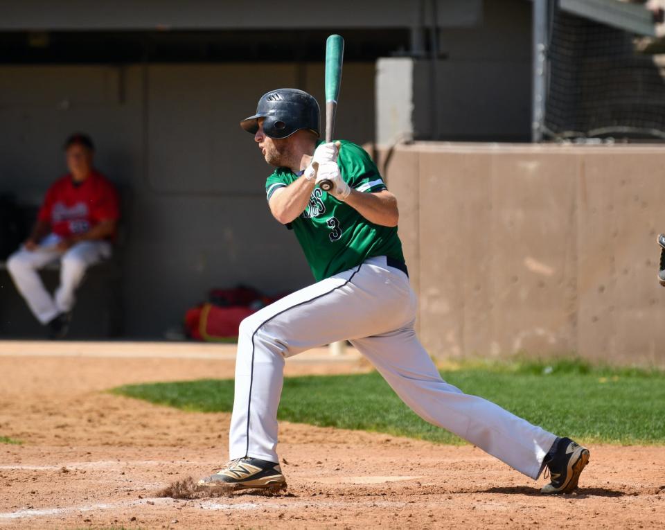 Sartell DH Tim Burns connects with a pitch in his first game back from open heart surgery Saturday in the 9-4 Sartell Muskie win over Becker in the Sauk Valley League championship and Region 11C seeding game at St. Cloud Orthopedic Field. Sartell will play St. Joseph on August 5 in the first round of the region tournament. Burns had a single in the game.