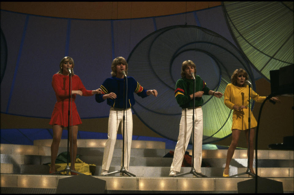 Bucks Fizz members Cheryl Baker Bobby G, Mike Nolan and Jay Aston performat the Eurovision Song Contest  in 1981 with Making Your Mind Up. (Getty Images)