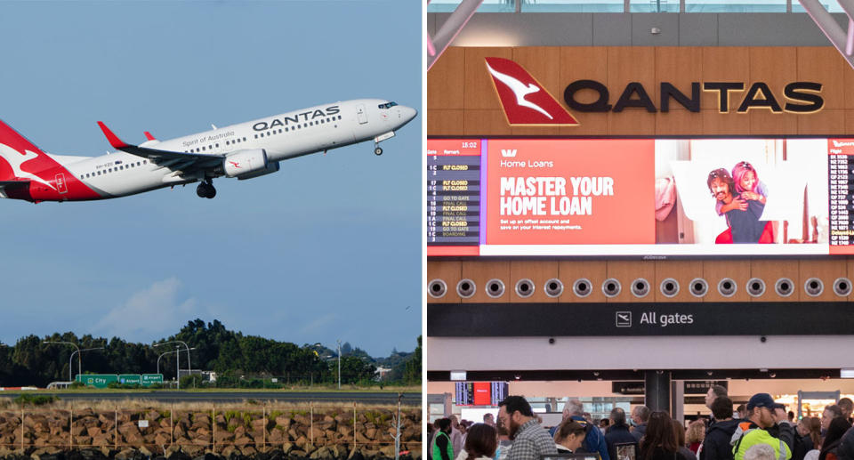 A photo of a Qantas plane flying from an airport. An Australian airport. 