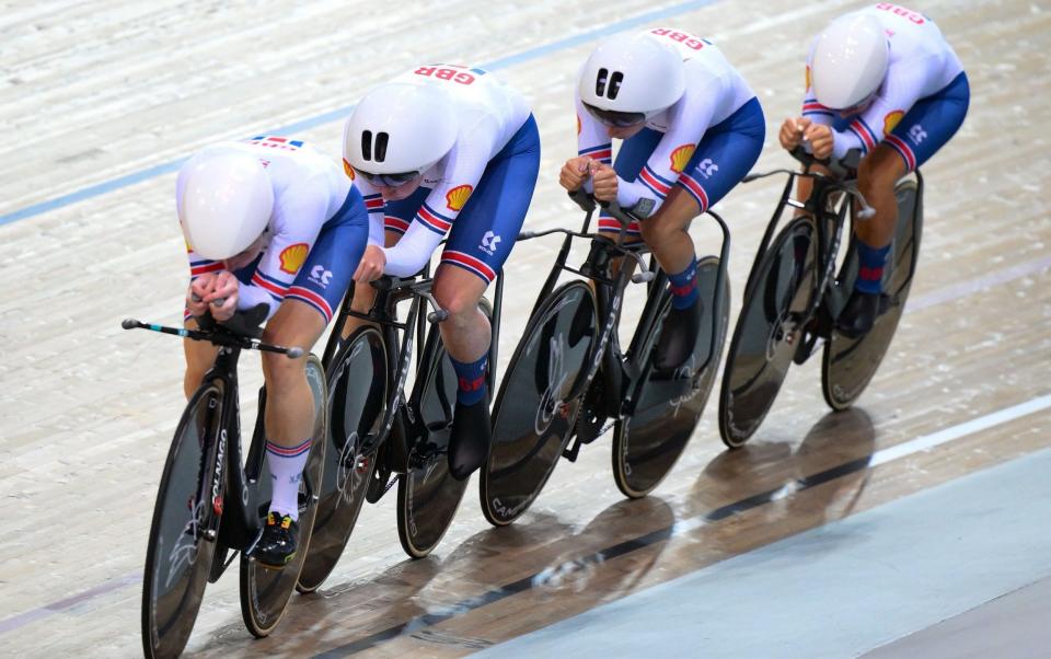 British team riders Neah Evans, Katie Archibald, Josie Knight and Anna Morris compete in the Women's Team Pursuit 1st round during the UCI Track Cycling World Championships