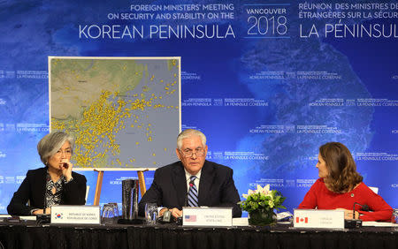 South Korean Minister of Foreign Affairs Kang Kyung-wha, U.S. Secretary of State Rex Tillerson and Canada’s Minister of Foreign Affairs Chrystia Freeland attend the Foreign Ministers’ Meeting on Security and Stability on the Korean Peninsula in Vancouver, British Columbia, Canada January 16, 2018. REUTERS/Ben Nelms