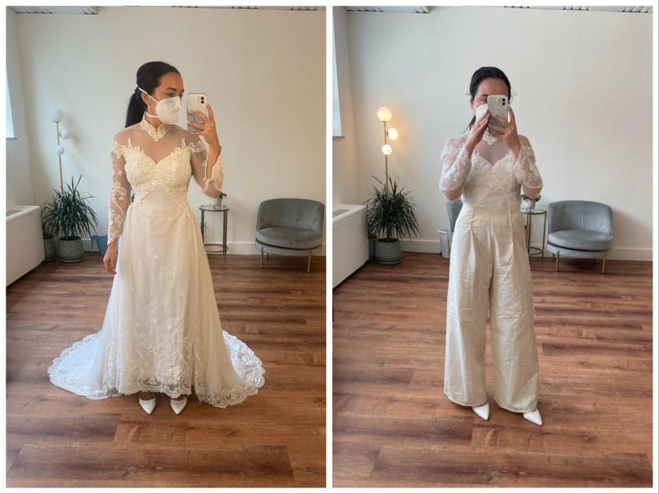 Lambur wearing the original 80s dress (left), Lambur at one of many fittings (right).