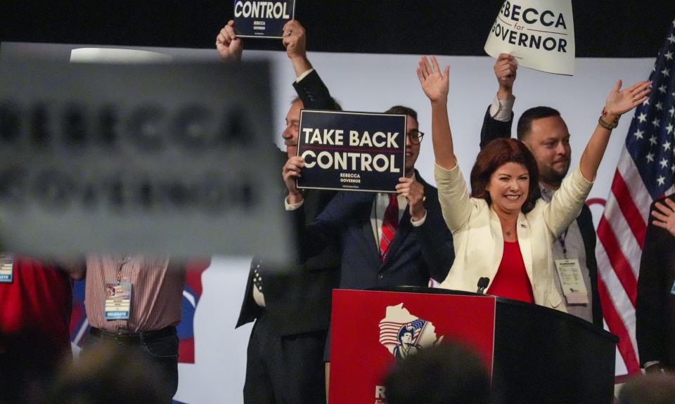 Former Lt. Gov. Rebecca Kleefisch and governor candidate delivers a few words May 21, during the 2022 GOP state convention in Middleton.