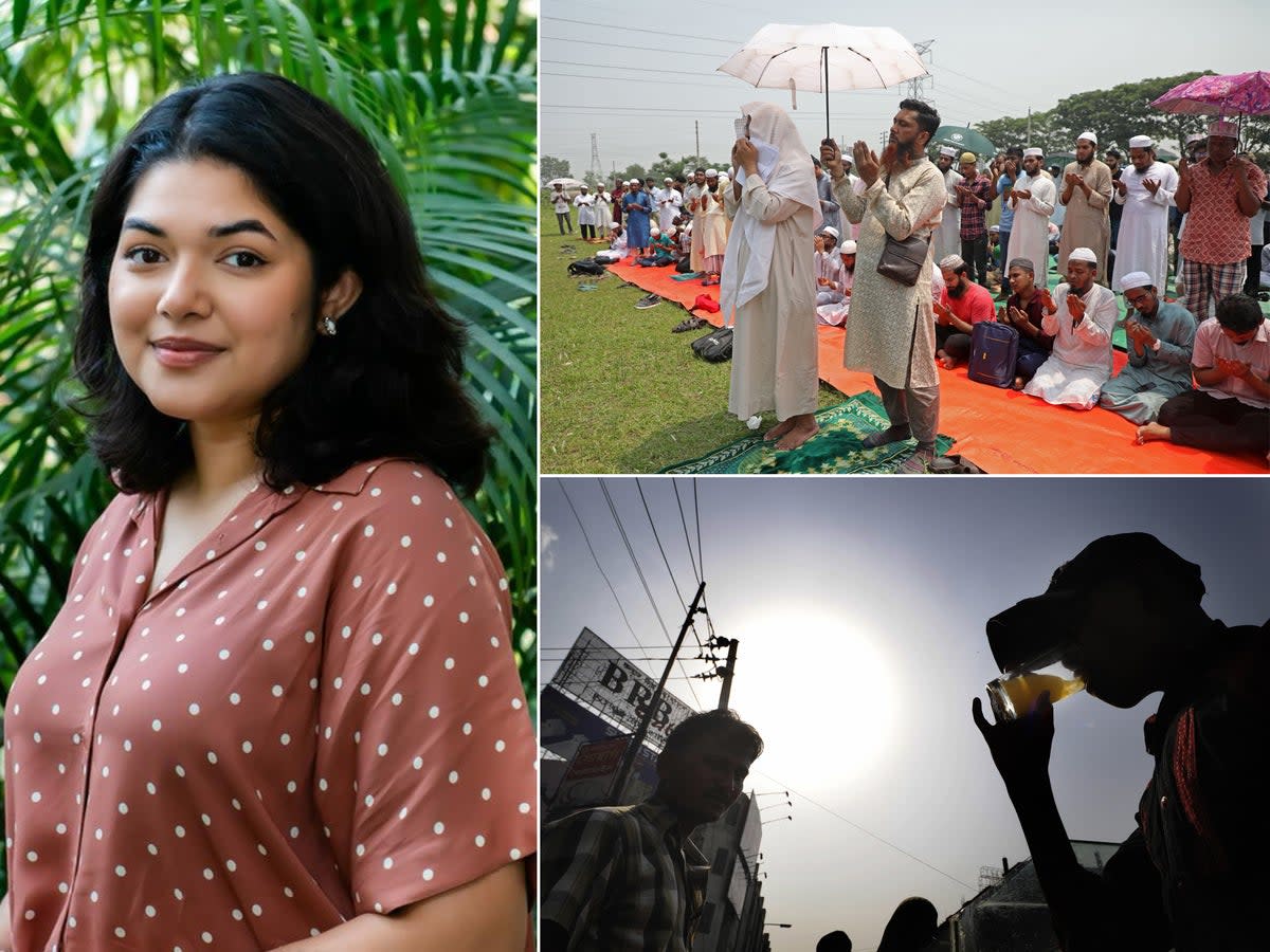 From left, clockwise: Asia’s first Chief Heat Officer Bushra Afreen who is based in Dhaka, Bangladesh; Muslims offer special prayers for rains in Dhaka during an April heatwave; a man buys cool drinks from a street vendor amid soaring heat in the city  (Getty)