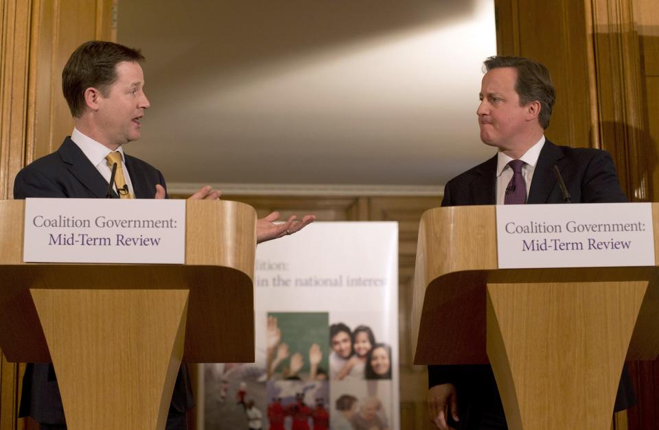 David Cameron Nick Clegg speak at a press conference