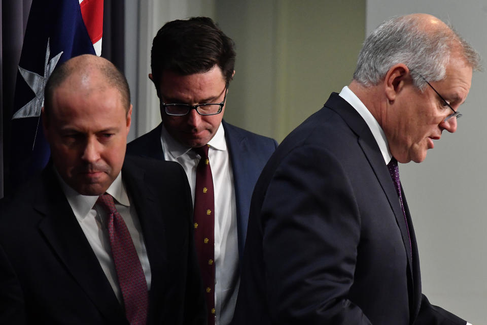 Josh Frydenberg, David Littleproud and Scott Morrison during a press conference.