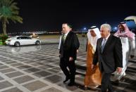 U.S. Secretary of State Mike Pompeo walks after stepping off his plane upon arrival at King Abdulaziz International Airport in Jeddah