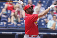 St. Louis Cardinals' Albert Pujols (5) watches a foul ball as he bats in the first inning of a spring training baseball game against the Washington Nationals, Wednesday, March 30, 2022, in West Palm Beach, Fla. (AP Photo/Sue Ogrocki)