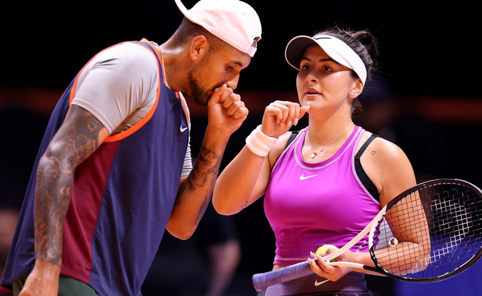 Nick Kyrgios, pictured here in action with Bianca Andreescu at the World Tennis League in Dubai.