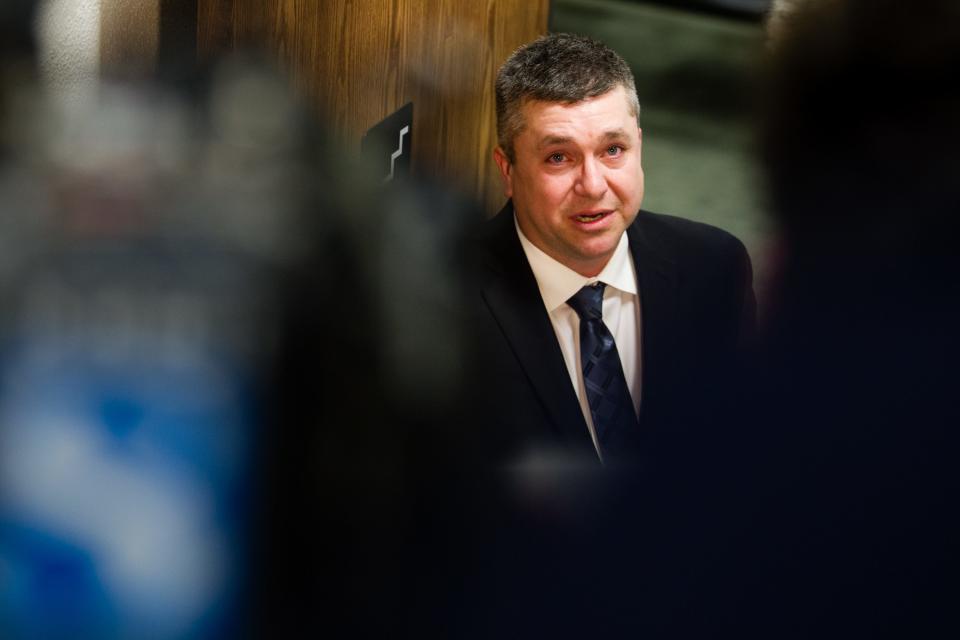 Jason Carter speaks with the media after a jury found him not guilty of his mother's murder on March 21, 2019.