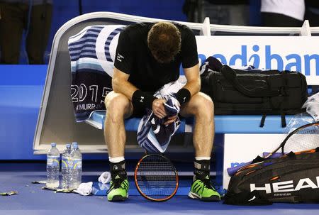 Andy Murray of Britain reacts in his chair after losing a game to Novak Djokovic of Serbia during their men's singles final match at the Australian Open 2015 tennis tournament in Melbourne February 1, 2015. REUTERS/Thomas Peter