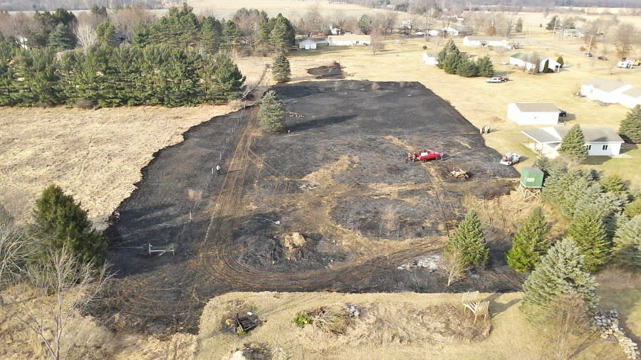 Still image from drone footage showing the burn damage from a brush fire. (Courtesy Ingham County Emergency Management)