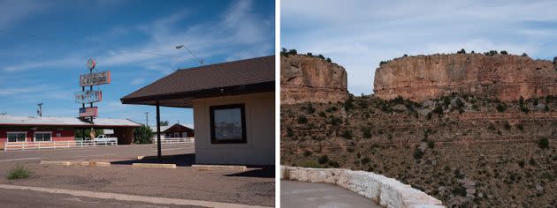 LEFT: View of a motel and other buildings along Old Rt. 66 in Holbrook, Arizona. RIGHT: View from the Becker Butte Lookout point in Salt River Canyon, on the White Mountain Apache Reservation. (Photo: Molly Peters for HuffPost)