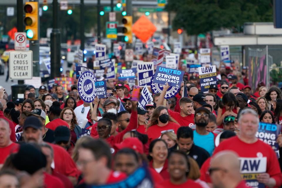 United Auto Workers members march through downtown Detroit on Sept. 15, 2023.