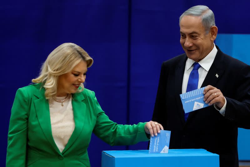 Former Israeli Prime Minister Netanyahu casts his ballot on the day of Israel's general election in a polling station in Jerusalem