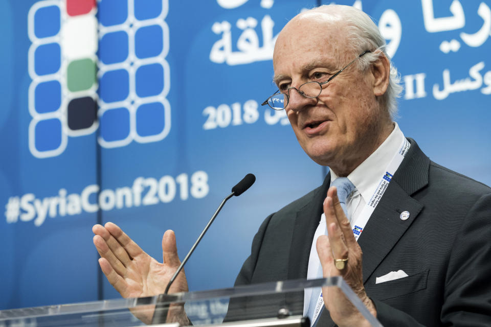 FILE - In this April 25, 2018, file photo, UN Special Envoy of the Secretary-General on Syria Staffan de Mistura addresses the media during a conference 'Supporting the future of Syria and the region' at the EU Council in Brussels. Fearing a military offensive, the U.N. envoy for Syria proposed Thursday, Aug. 30, that civilians holed up in the rebel-held region of Idlib could evacuate to government-held areas, a move that would in essence send many back into parts of Syria they once fled in its 7-1/2-year-old war. De Mistura expresses fears of a “perfect storm” that could have a devastating impact on nearly 3 million people, nearly half of whom arrived from elsewhere in Syria, in the region largely controlled by al-Qaida-linked fighters. (AP Photo/Geert Vanden Wijngaert, File)