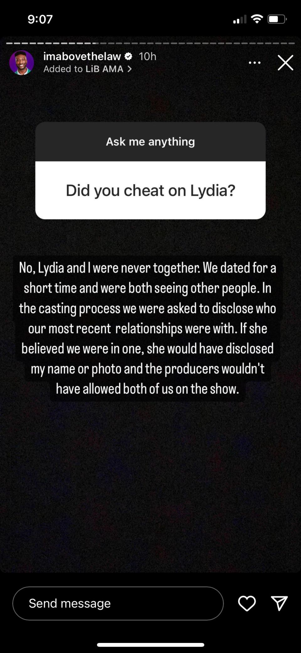 Uche Okoroha's Instagram Story about him and ex Lydia Velez Gonzalez being cast on "Love Is Blind."