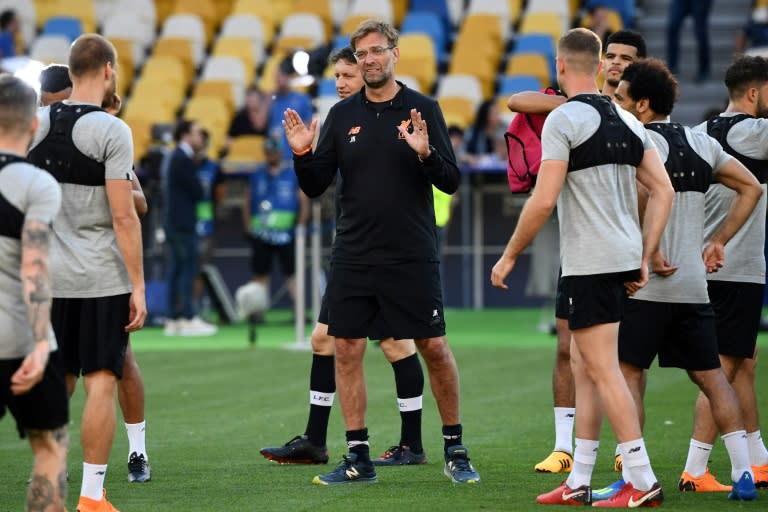 Jurgen Klopp leads Liverpool's training session on the pitch at Kiev's Olympic Stadium on Friday