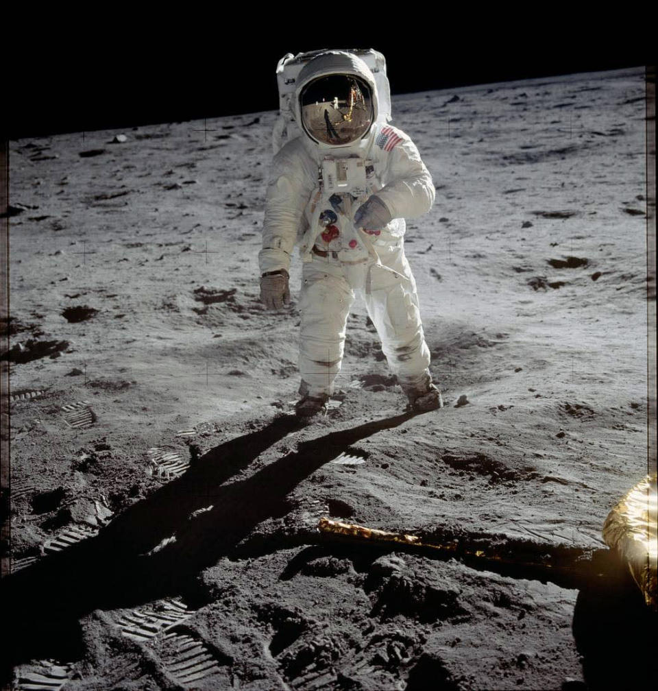 <div class="inline-image__caption"><p>Aldrin walked on the surface of the moon. Armstrong took this photograph with a 70mm lunar surface camera. While Armstrong and Aldrin explored the Sea of Tranquility region of the moon, Collins remained with the command and service modules in lunar orbit.</p></div> <div class="inline-image__credit">Courtesy of NASA</div>