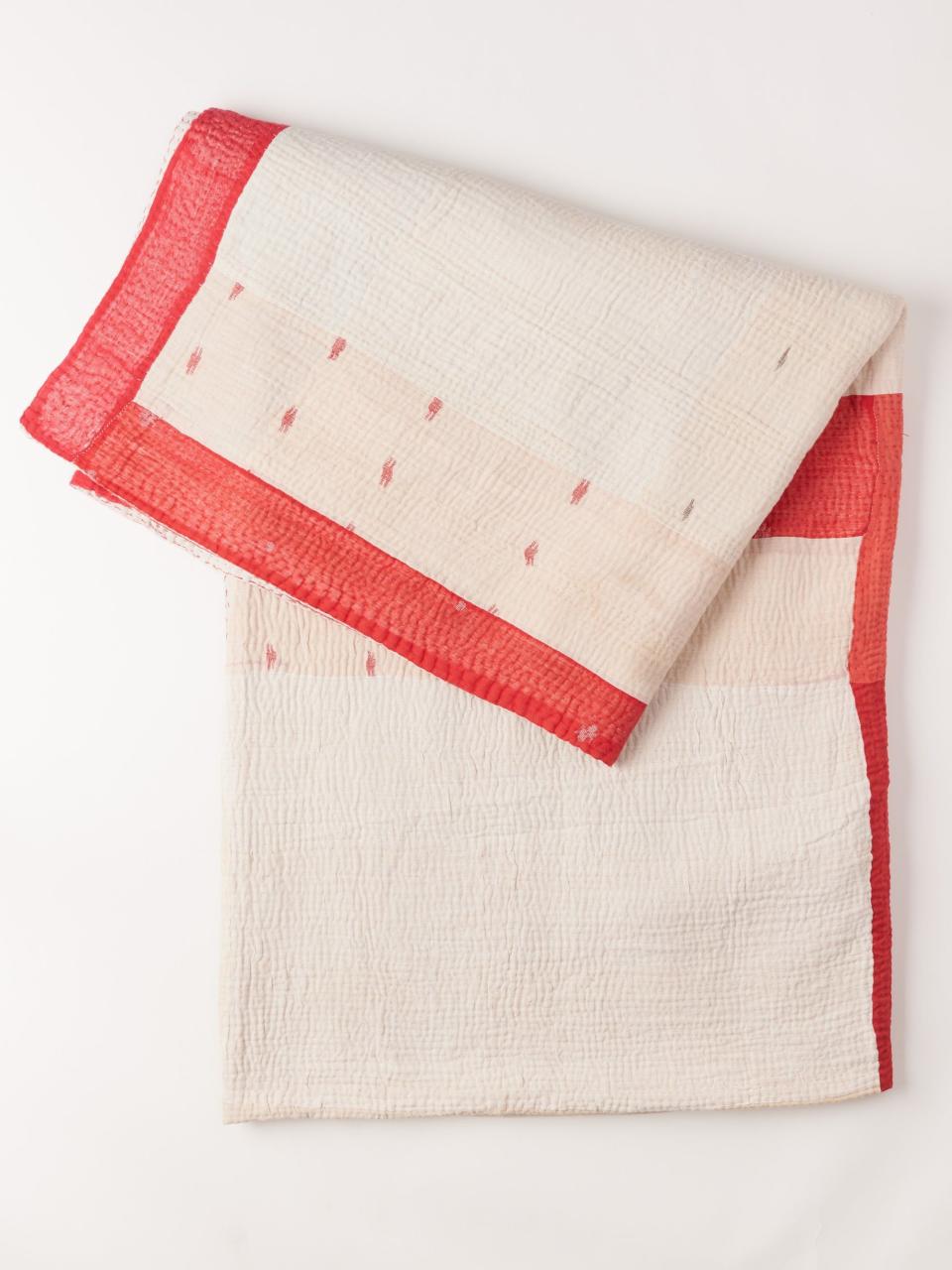 9) Indian Kantha Red and White Quilt