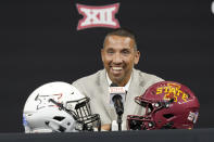 Iowa head coach Matt Campbell smiles while speaking to reporters at the NCAA college football Big 12 media days in Arlington, Texas, Thursday, July 14, 2022. (AP Photo/LM Otero)