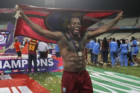 Cricket - England v West Indies - World Twenty20 cricket tournament final - Kolkata, India - 03/04/2016. West Indies Chris Gayle celebrates after they won the final. REUTERS/Rupak De Chowdhuri