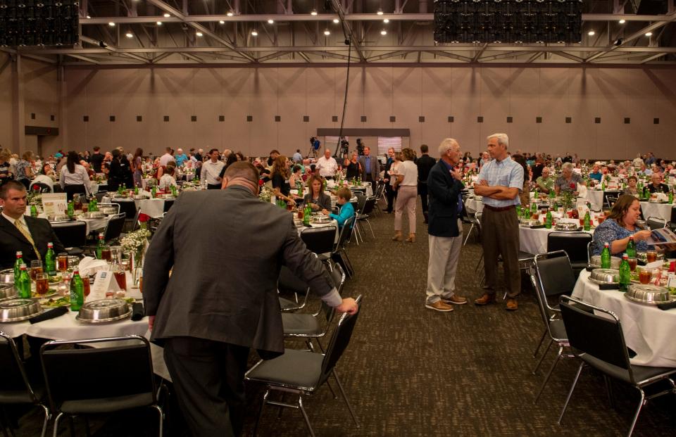 Attendees find their seats ahead of the Right to life of Southwest Indiana Annual Banquet at the Old National Events Plaza in Downtown Evansville, Ind. on Thursday evening, Aug. 25, 2022. 