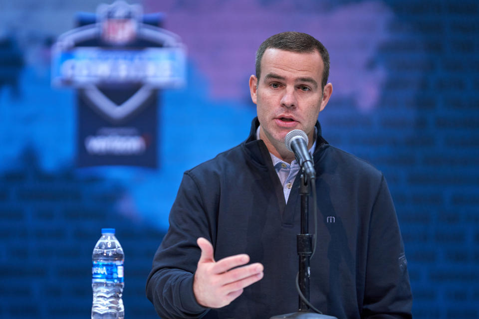 INDIANAPOLIS, IN - FEBRUARY 28: Buffalo Bills general manager Brandon Beane speaks to the media during the NFL Scouting Combine on February 28, 2019 at the Indiana Convention Center in Indianapolis, IN. (Photo by Robin Alam/Icon Sportswire via Getty Images)