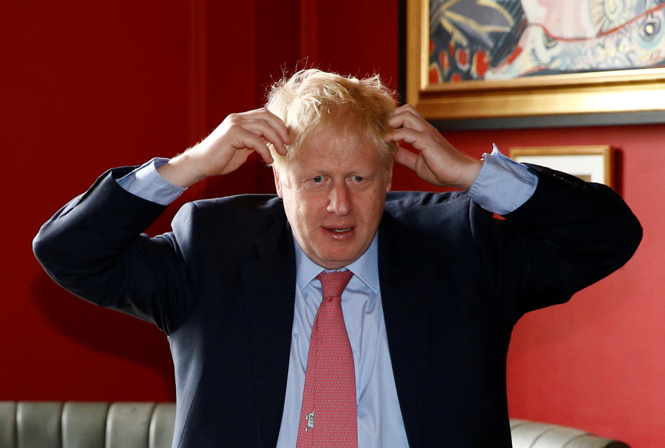 LONON, ENGLAND - JULY 10: Boris Johnson, a leadership candidate for Britain's Conservative Party, visits Wetherspoons Metropolitan Bar to meet with JD Wetherspoon chairman Tim Martin on July 10, 2019 in London, England. (Photo by Henry Nicholls WPA Pool/Getty Images)