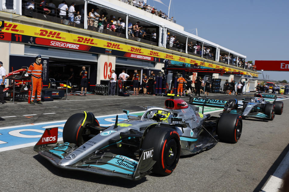 Mercedes driver Lewis Hamilton of Britain steers his car at pit line during the qualifying session for the French Formula One Grand Prix at Paul Ricard racetrack in Le Castellet, southern France, Saturday, July 23, 2022. The French Grand Prix will be held on Sunday. (Eric Gaillard, Pool via AP)
