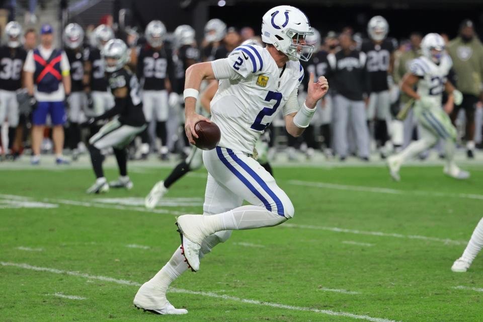 LAS VEGAS, NEVADA - NOVEMBER 13: Matt Ryan #2 of the Indianapolis Colts runs with the ball during the fourth quarter in the game against the Las Vegas Raiders at Allegiant Stadium on November 13, 2022 in Las Vegas, Nevada.