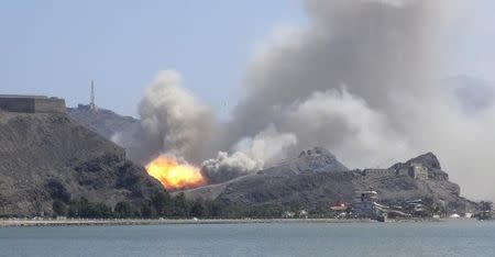 An arms depot explodes at the Jabal Hadeed military compound in Yemen's southern port city of Aden March 28, 2015. REUTERS/Nabeel Quaiti