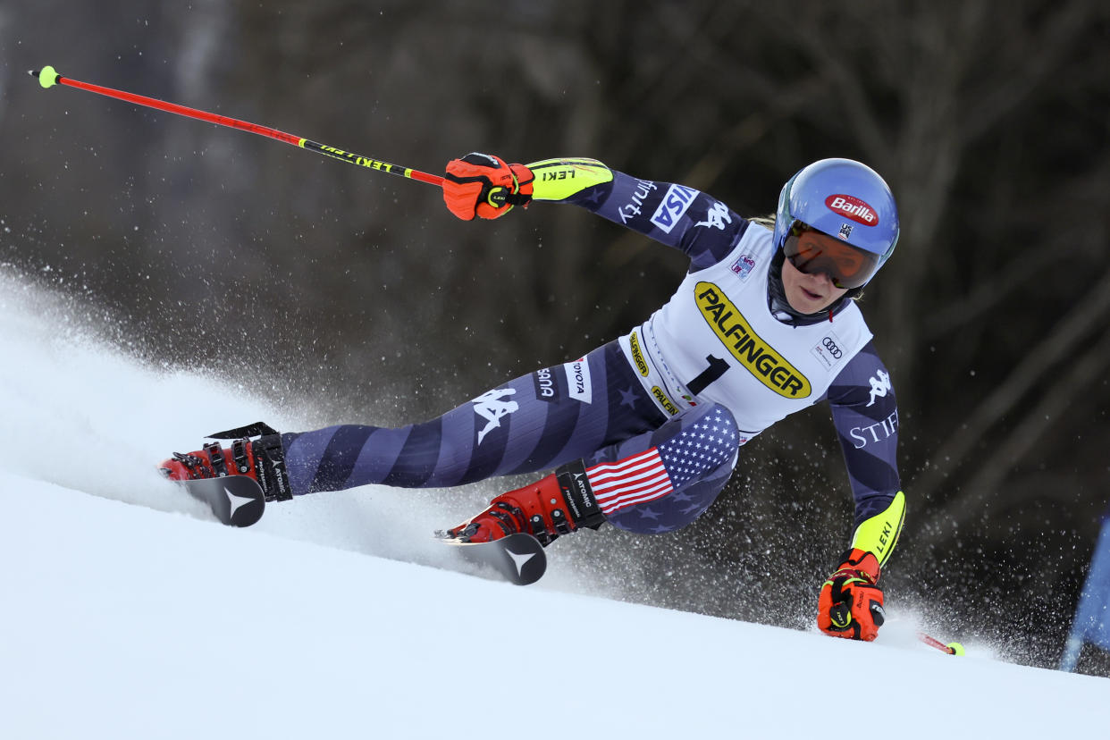 United States' Mikaela Shiffrin speeds down the course during an alpine ski, women's World Cup giant slalom race, in Kranjska Gora, Slovenia, Sunday, Jan. 8, 2023. (AP Photo/Marco Trovati)